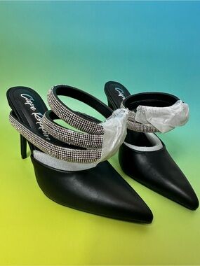 Cape Robbin Black Pointed Toe Mule Heels with Rhinestone Straps
